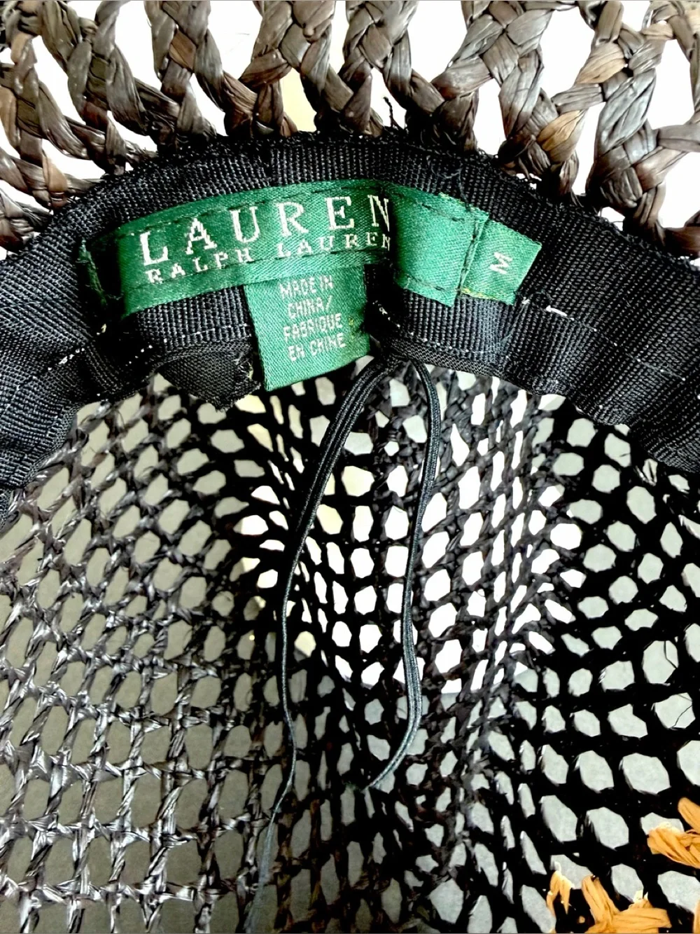 Ralph Lauren Black Woven straw Fedora with Tan Flower Embroidery adjustable Sz M